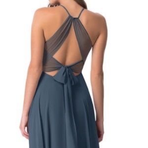 Azazie “Evalleen” floor length gown in colour Neptune. Custom measurements shown